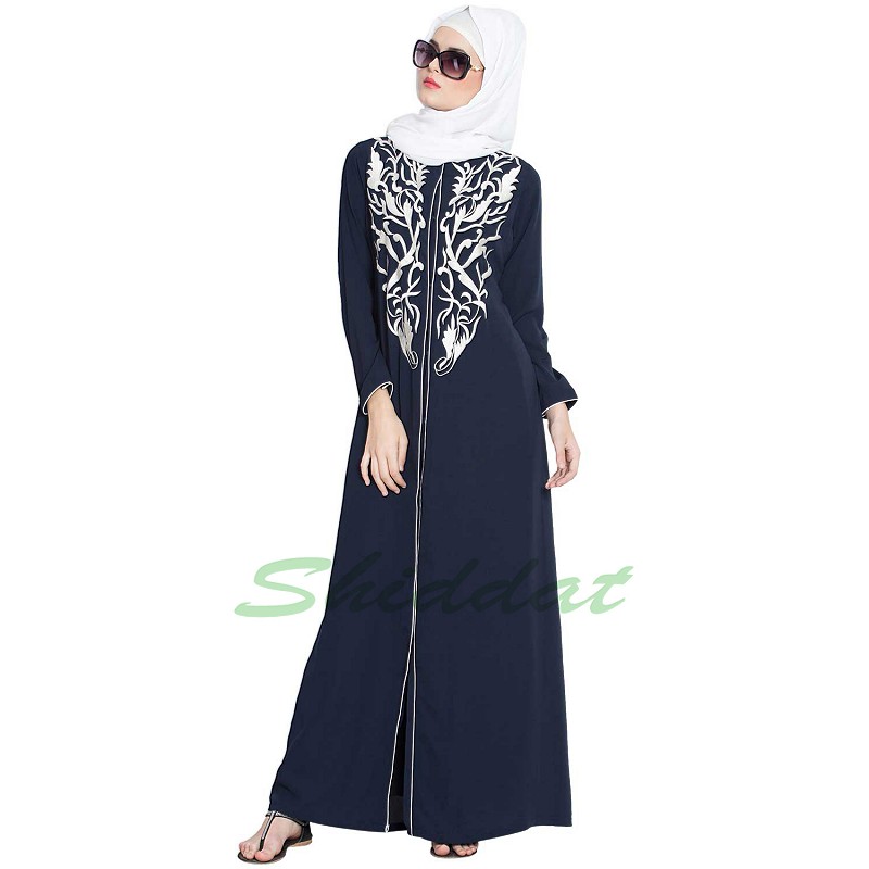 blue and white abaya